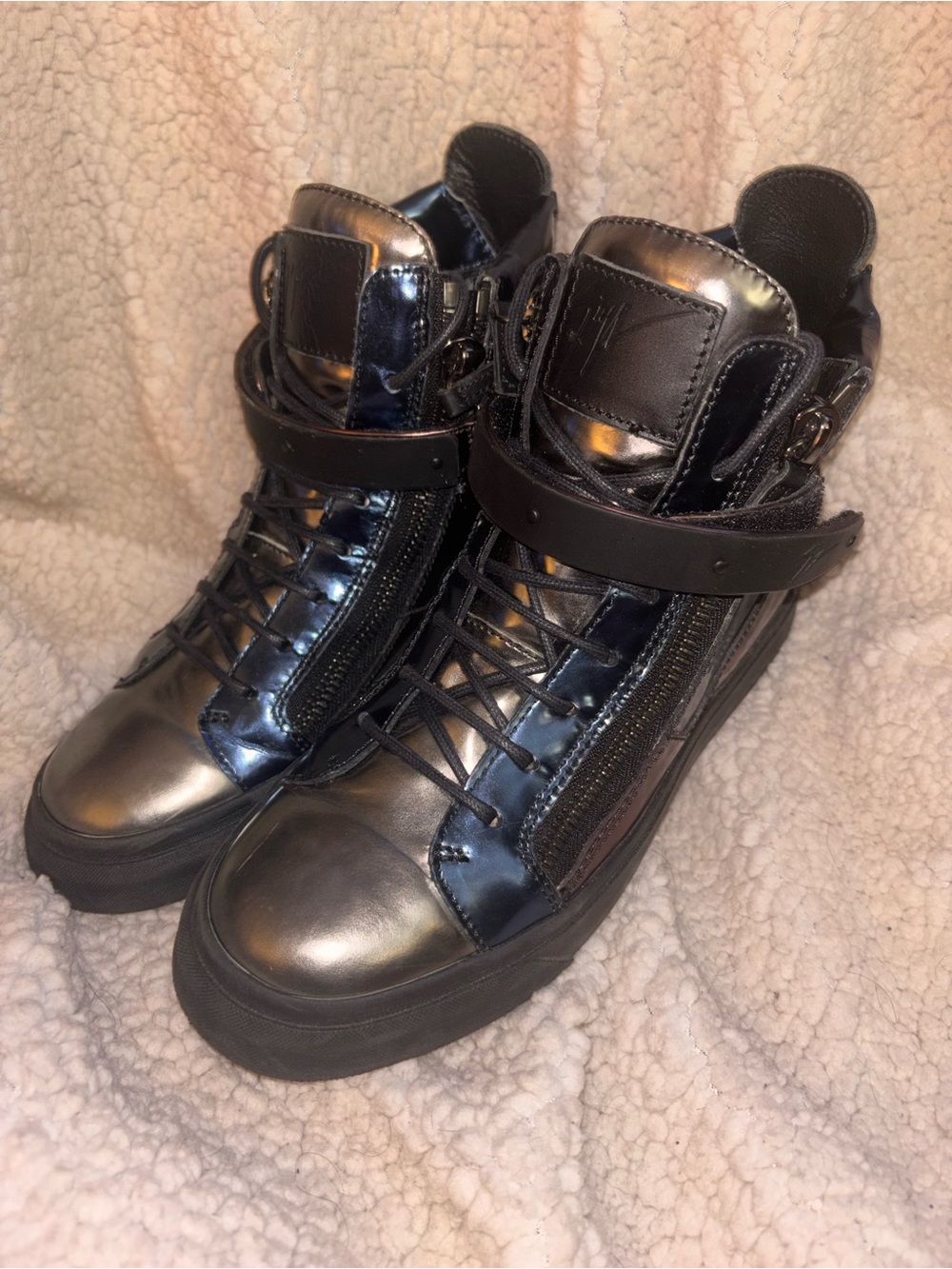 Giuseppe Zanotti Metallic High Top Zip Sneakers Black Blue Bronze Size 38